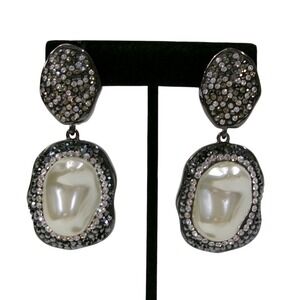 Statement Clip On Earrings Faux Pearl Rhinestone Black Dangle